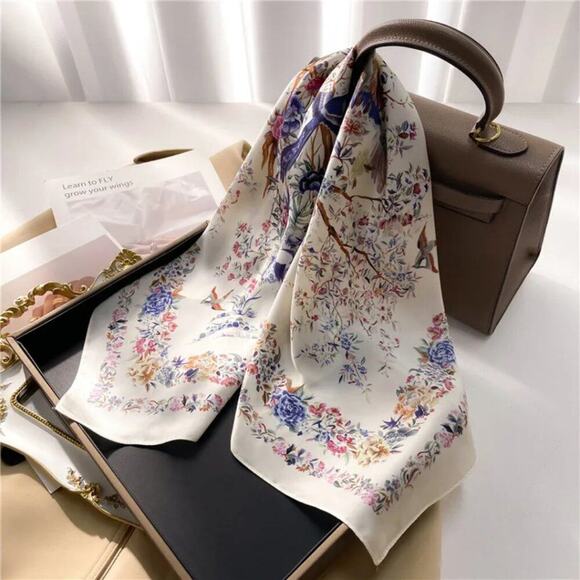2/$30 NEW Cream Bird Floral Flower Printed Silky Fashion Scarf - Picture 3 of 14